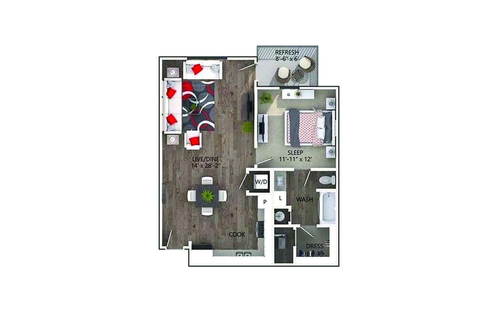Mesquite - 1 bedroom floorplan layout with 1 bath and 806 square feet.