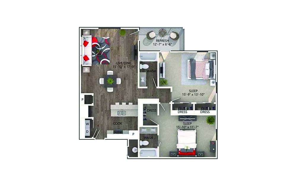Galveston - 2 bedroom floorplan layout with 2 baths and 1160 square feet.
