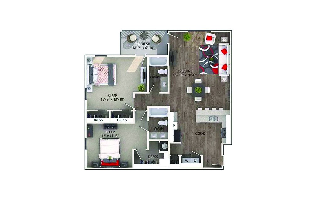 Frisco - 2 bedroom floorplan layout with 2 baths and 1197 square feet.