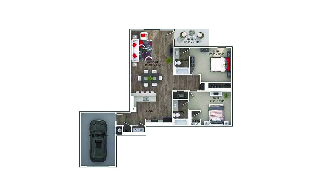 Easton - 2 bedroom floorplan layout with 2 baths and 1274 square feet.