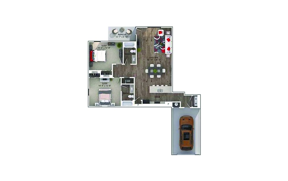 Dew - 2 bedroom floorplan layout with 2 baths and 1284 square feet.