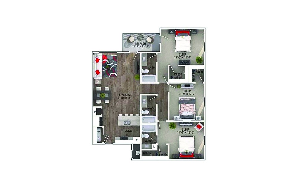 Denton - 3 bedroom floorplan layout with 3 baths and 1466 square feet.