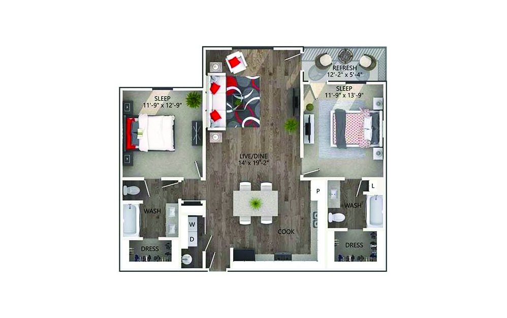 Crosby - 2 bedroom floorplan layout with 2 baths and 1170 square feet.