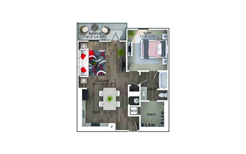 Chandler-S - 1 bedroom floorplan layout with 1 bath and 778 square feet.