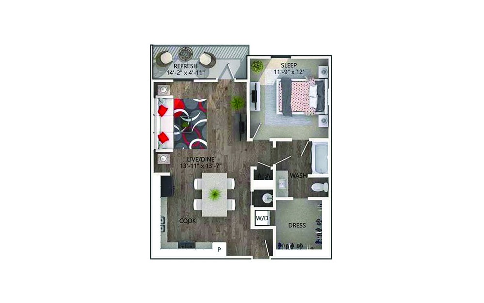 Chandler - 1 bedroom floorplan layout with 1 bath and 778 square feet.