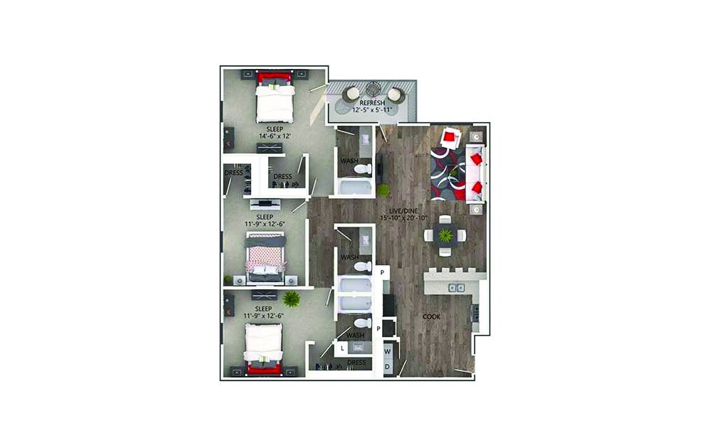 Cameron - 3 bedroom floorplan layout with 3 baths and 1517 square feet.