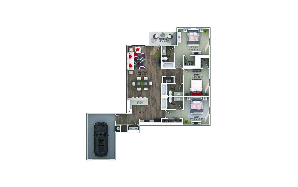 Burton - 3 bedroom floorplan layout with 3 baths and 1590 square feet.