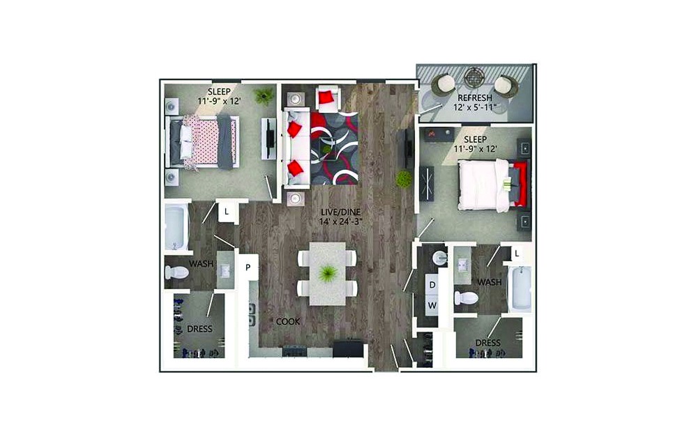 Bridgeport - 2 bedroom floorplan layout with 2 baths and 1144 square feet. (Layout 1)
