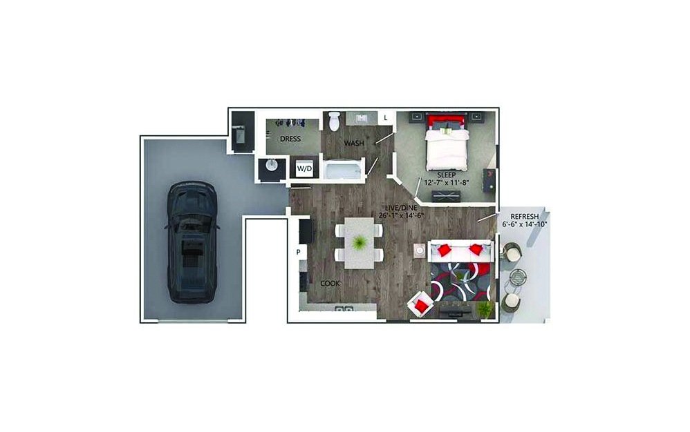 Bradford - 1 bedroom floorplan layout with 1 bath and 790 square feet.