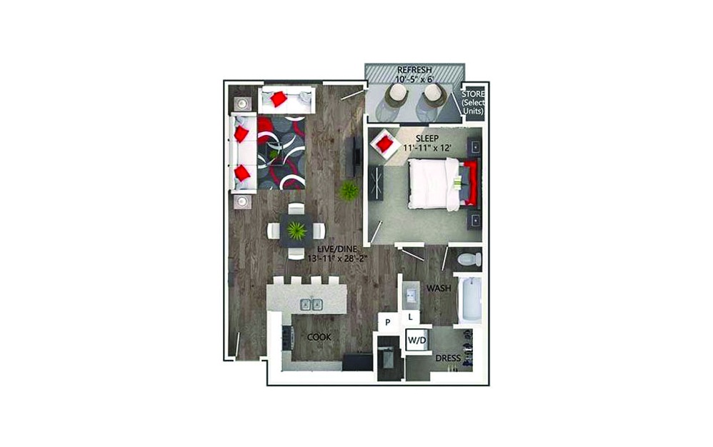 Benbrook-S - 1 bedroom floorplan layout with 1 bath and 806 square feet.