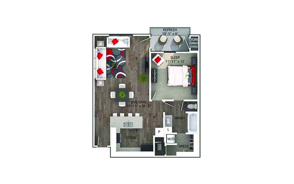 Benbrook - 1 bedroom floorplan layout with 1 bath and 806 square feet.
