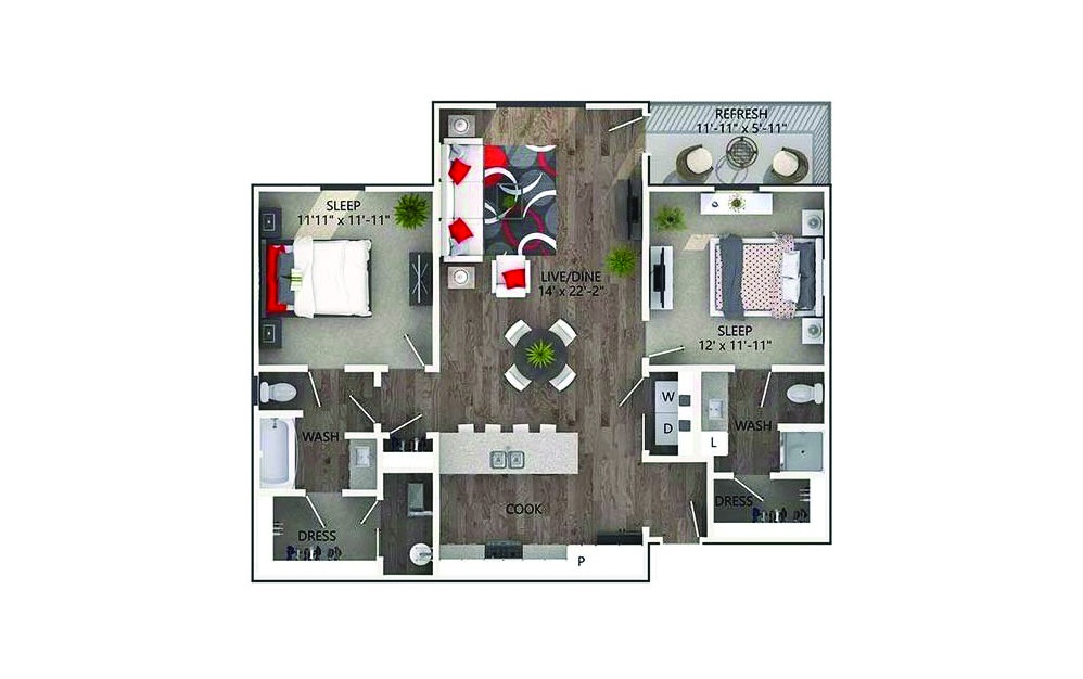 Austin-2/3F - 2 bedroom floorplan layout with 2 baths and 1178 square feet.