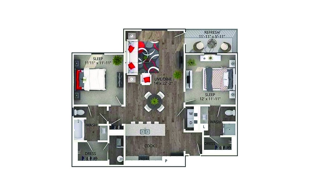Austin - 2 bedroom floorplan layout with 2 baths and 1178 square feet.