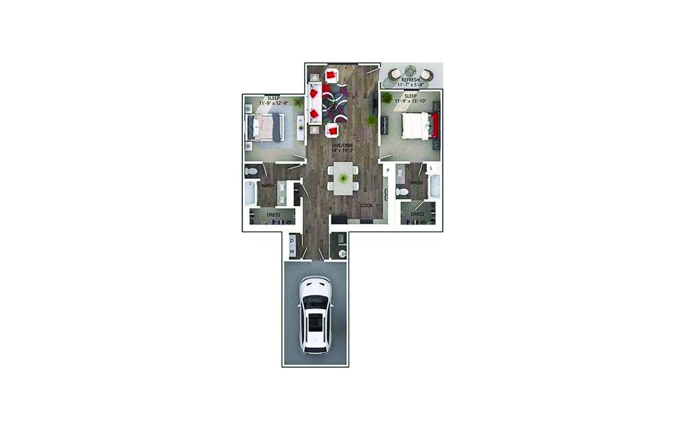 Argyle-S - 2 bedroom floorplan layout with 2 baths and 1236 square feet.