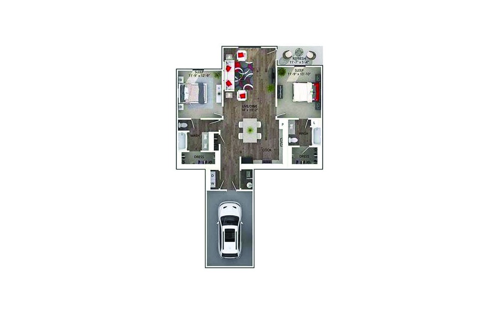 Argyle - 2 bedroom floorplan layout with 2 baths and 1236 square feet.