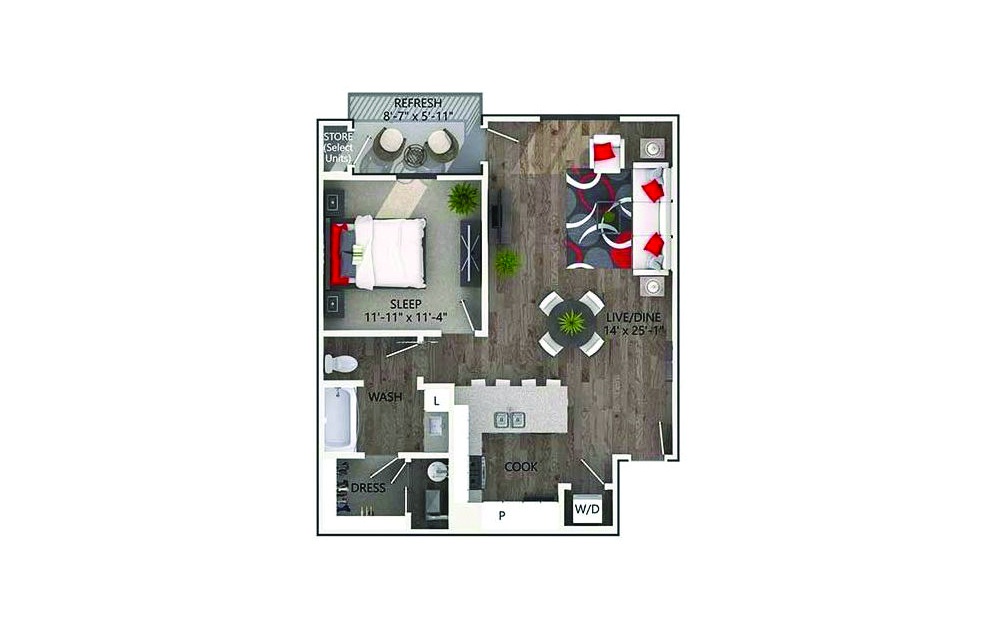 Amarillo - 1 bedroom floorplan layout with 1 bath and 799 square feet.
