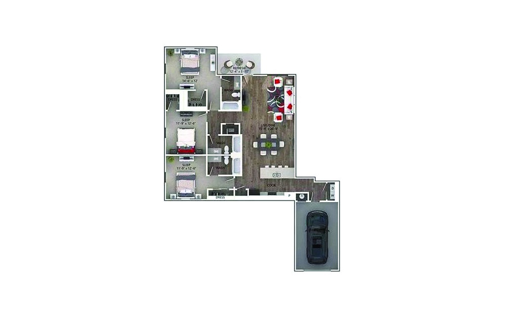 Alamo - 3 bedroom floorplan layout with 3 baths and 1626 square feet.