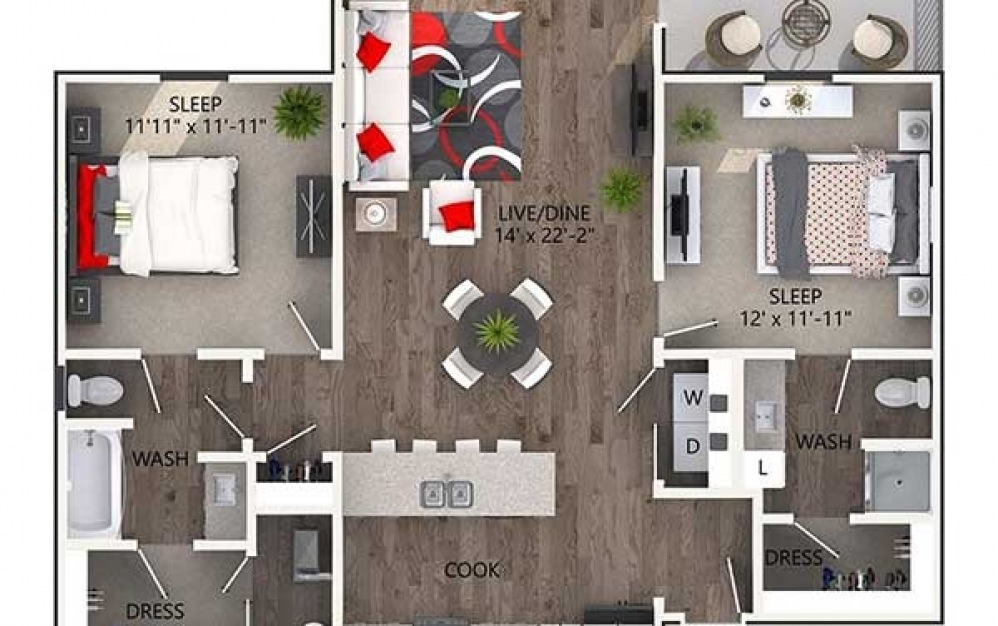 Austin-S - 2 bedroom floorplan layout with 2 baths and 1178 square feet.