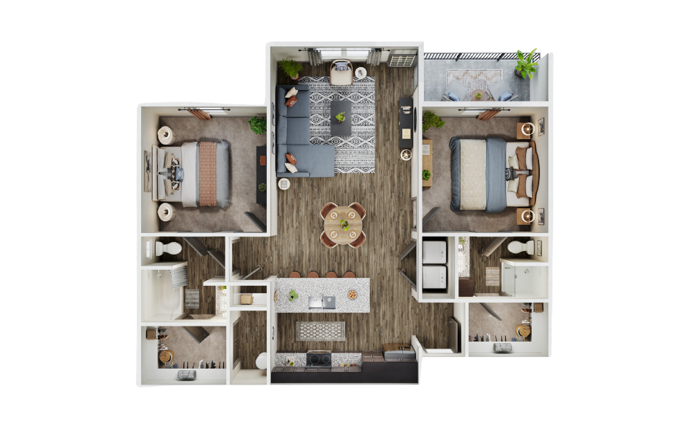 Austin - 2 bedroom floorplan layout with 2 bathrooms and 1178 square feet