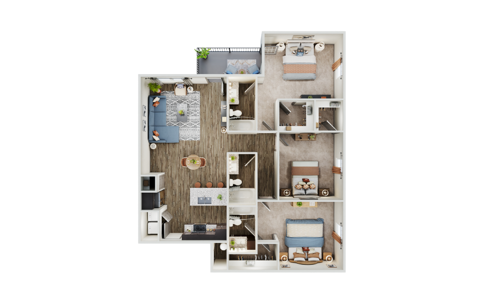 Denton - 3 bedroom floorplan layout with 3 bathrooms and 1466 square feet