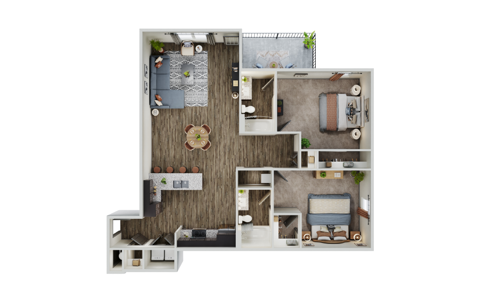 Easton - 2 bedroom floorplan layout with 2 bathrooms and 1274 square feet (3D)