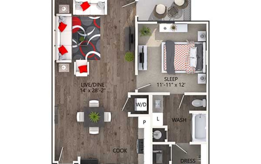 Mesquite - 1 bedroom floorplan layout with 1 bathroom and 806 square feet (2D)