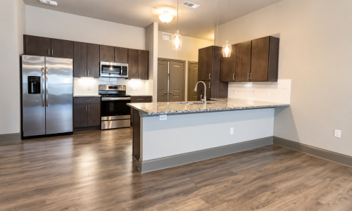 Kitchen with granite peninsula and stainless steel appliances in Reatta Ranch apartment in Justin TX