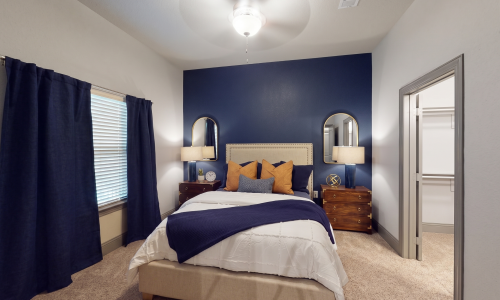 Apartment bedroom with navy accent wall, upholstered headboard, and walk-in closet